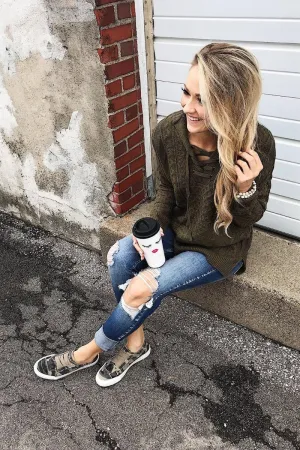 Stay Awhile Lace Up Hooded Sweater- Forest