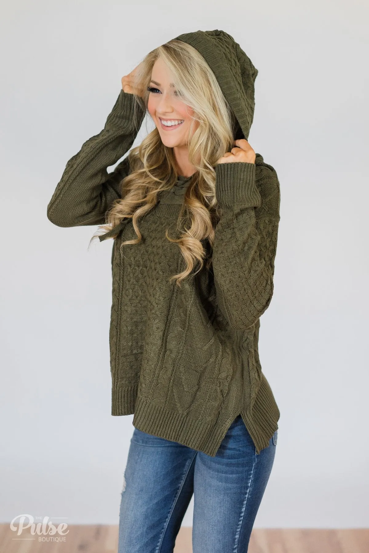 Stay Awhile Lace Up Hooded Sweater- Forest