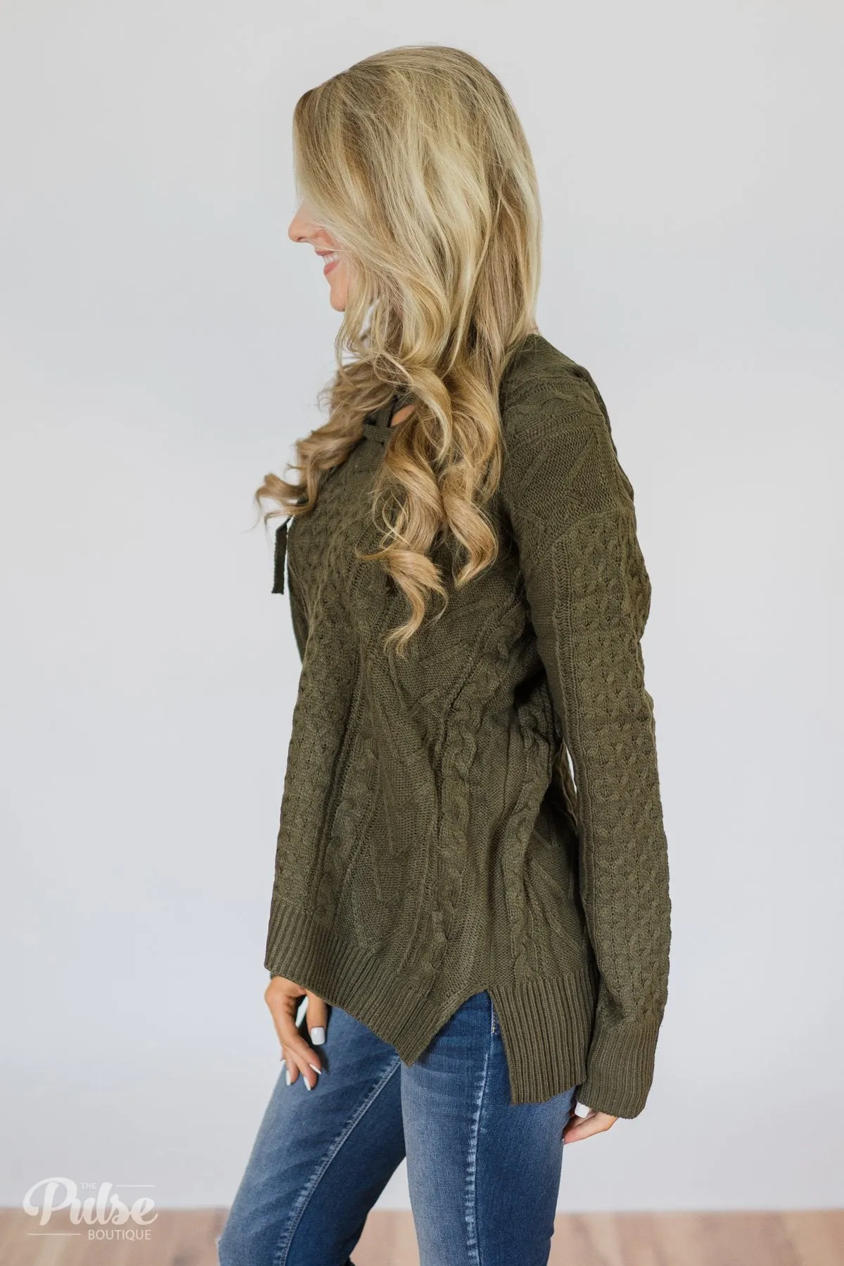 Stay Awhile Lace Up Hooded Sweater- Forest