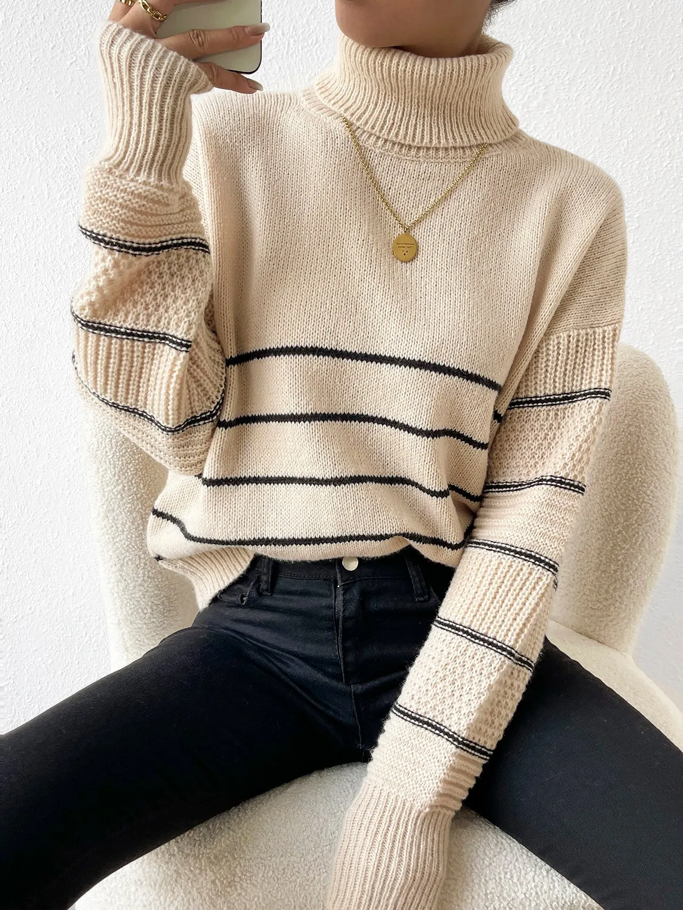 Striped Pattern Turtleneck Drop Shoulder Sweater