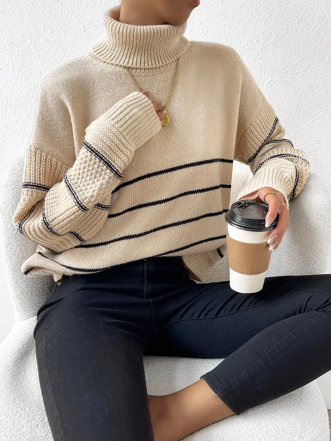 Striped Pattern Turtleneck Drop Shoulder Sweater