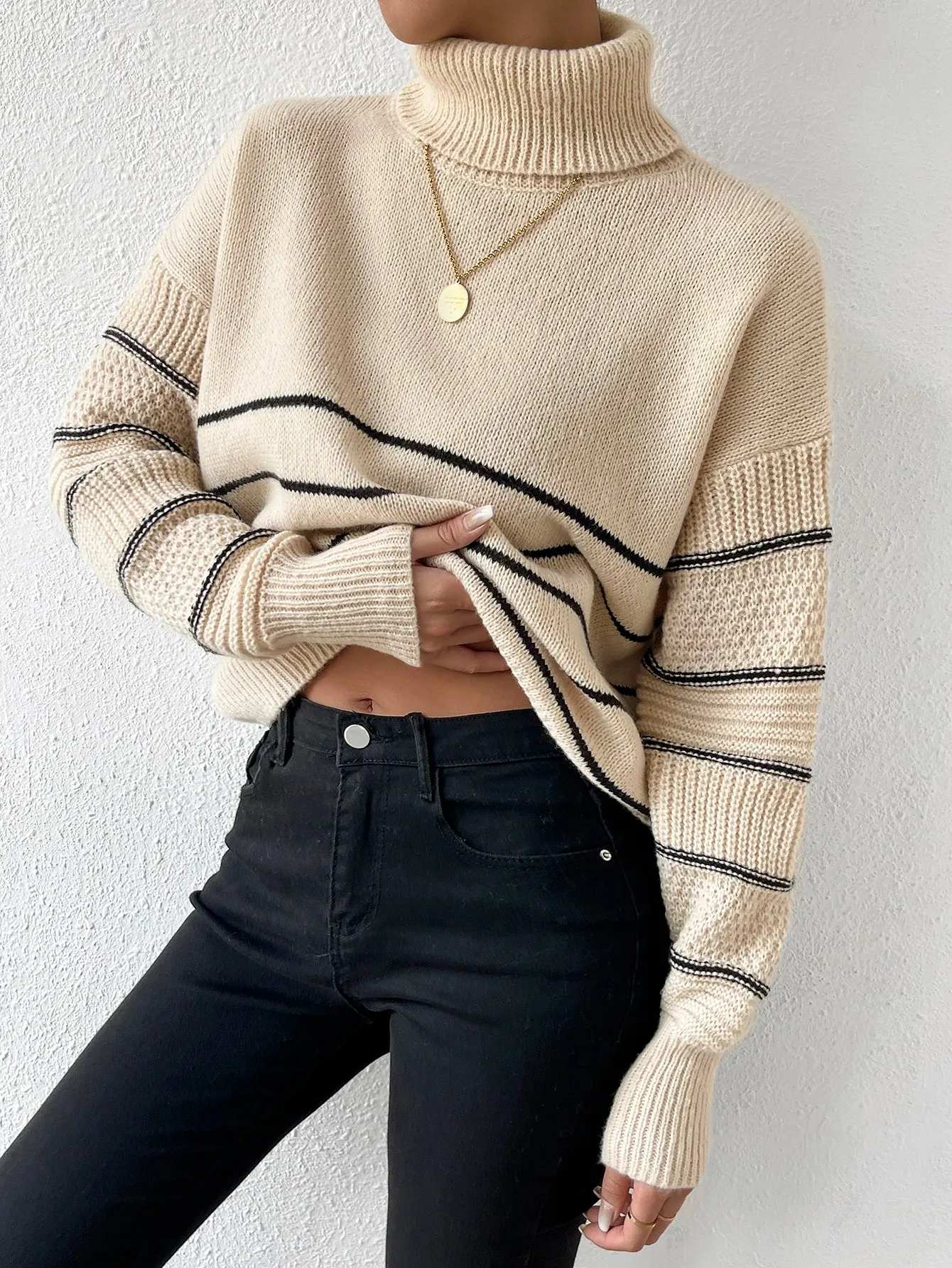 Striped Pattern Turtleneck Drop Shoulder Sweater