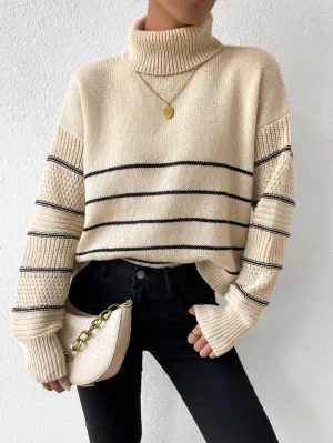 Striped Pattern Turtleneck Drop Shoulder Sweater