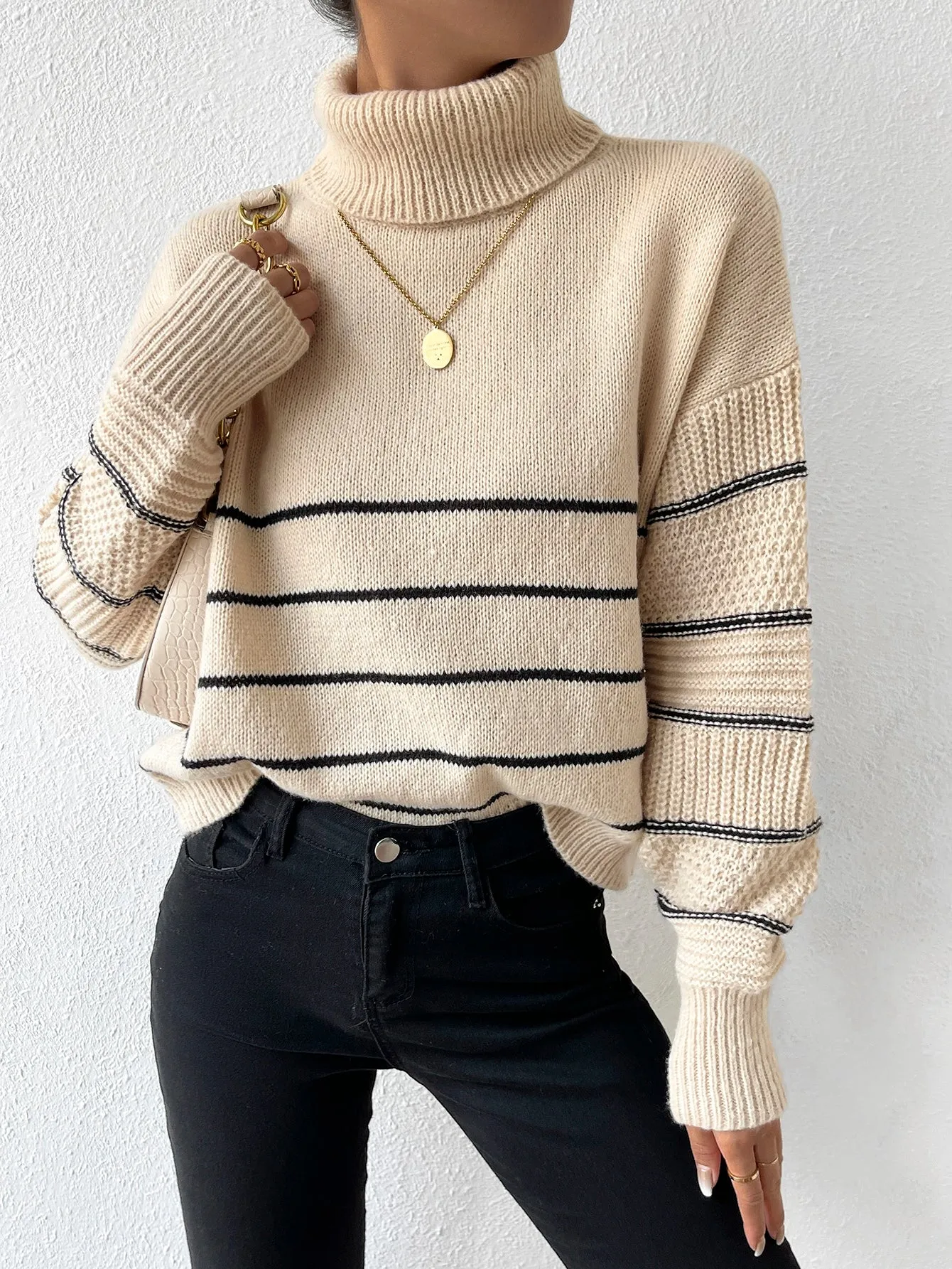 Striped Pattern Turtleneck Drop Shoulder Sweater
