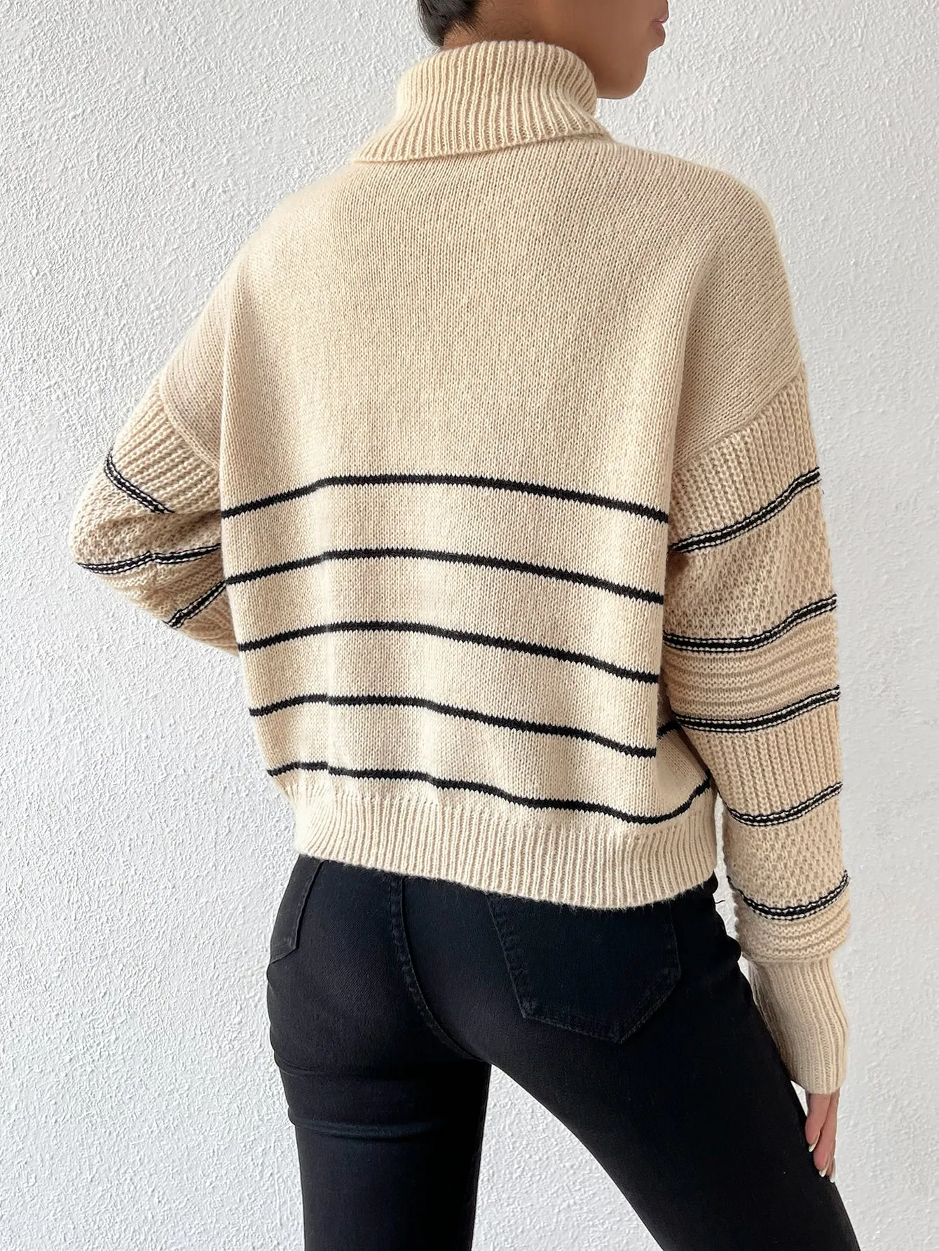 Striped Pattern Turtleneck Drop Shoulder Sweater