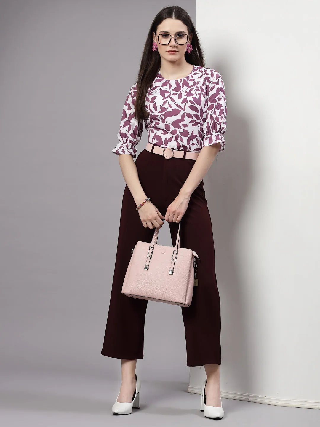 Style Quotient Women Mauve and White Floral Printed Regular Smart Casual Top