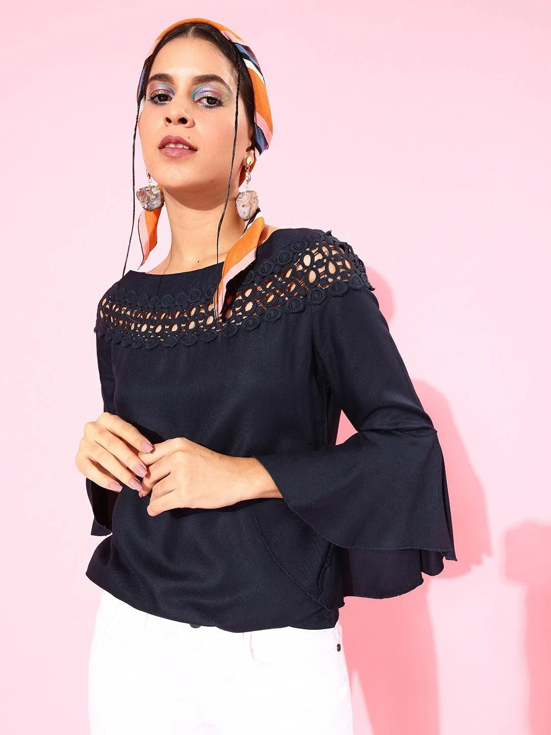 Style Quotient Women Navy Blue Lace Top