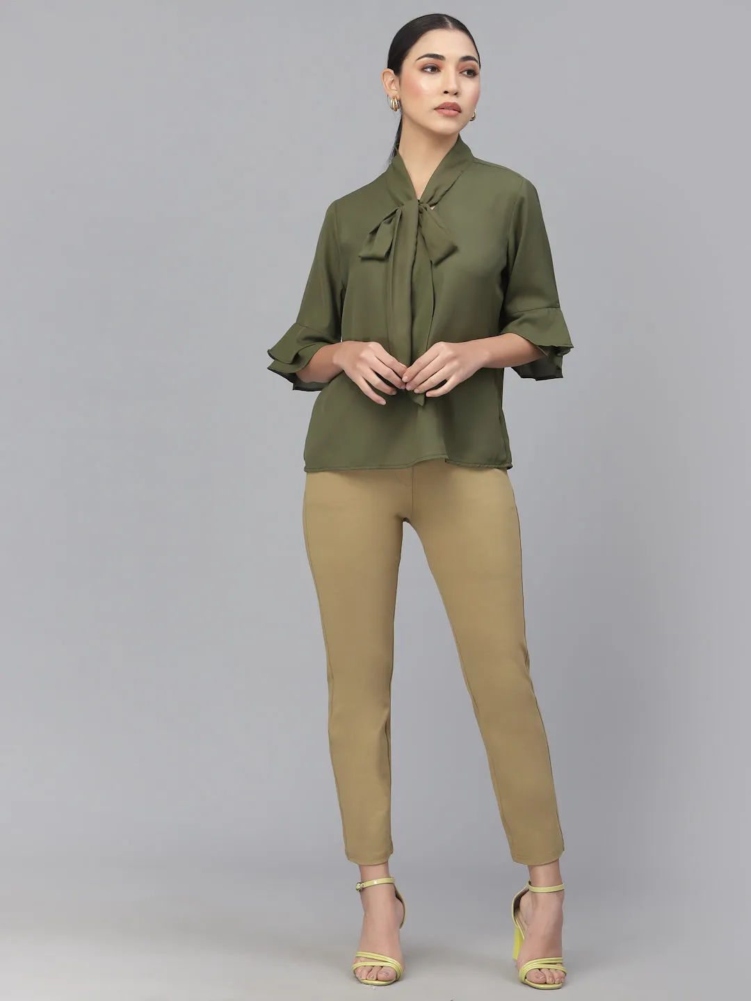 Style Quotient Women Olive Green Tie-Up Neck Top