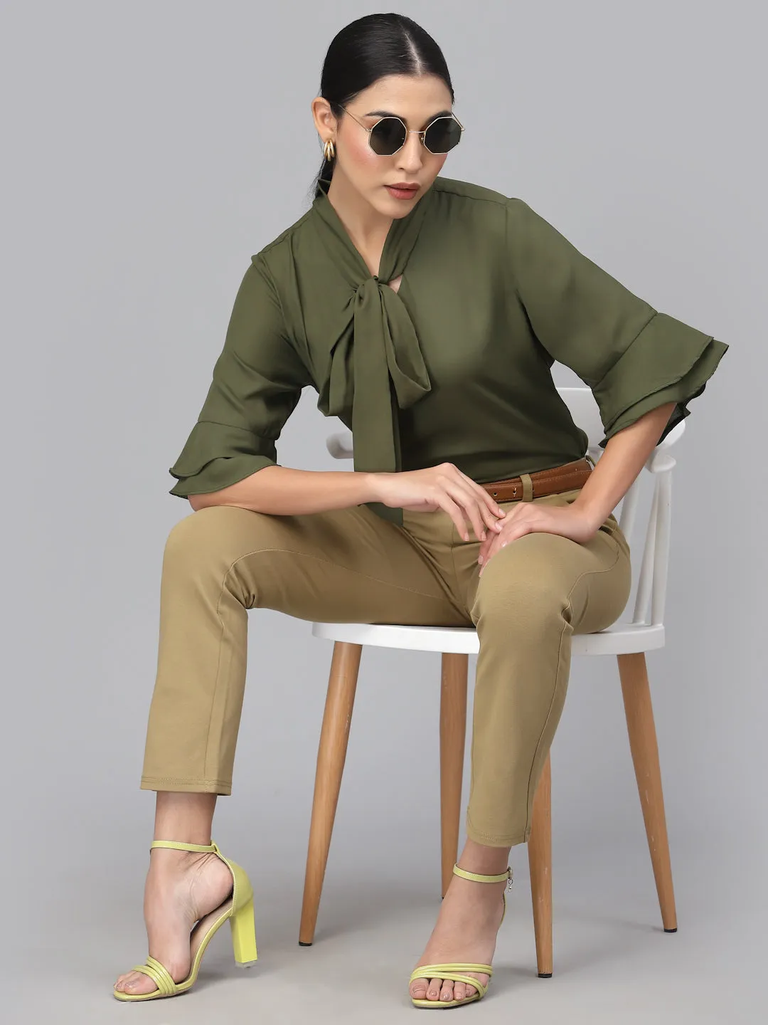 Style Quotient Women Olive Green Tie-Up Neck Top