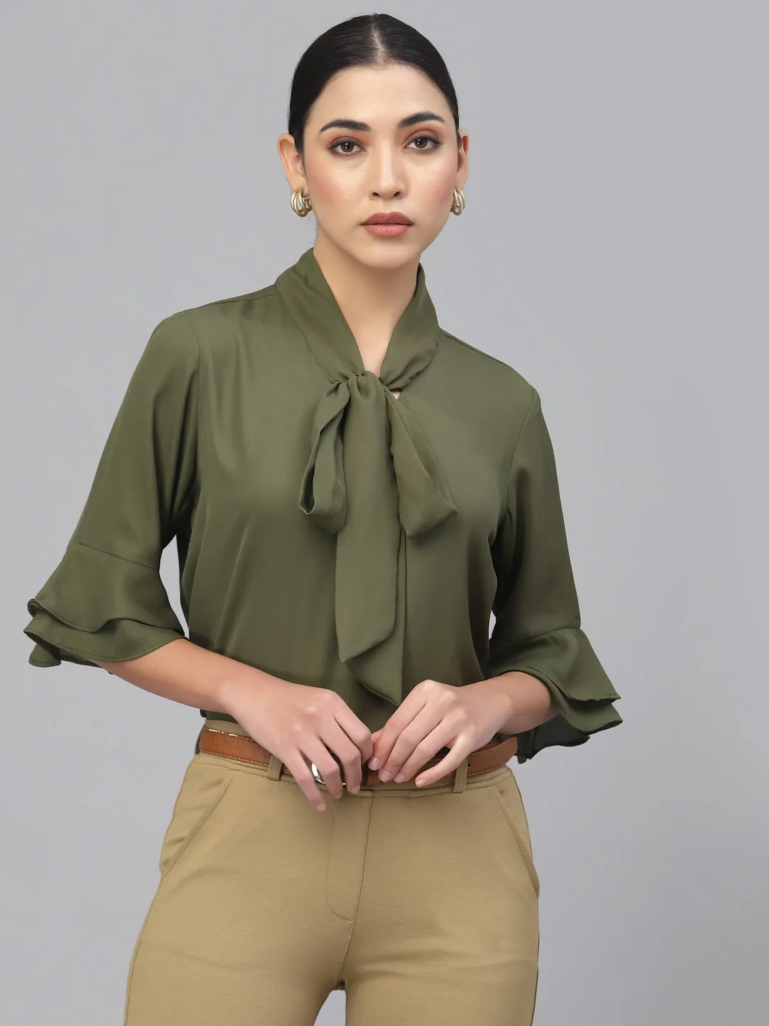 Style Quotient Women Olive Green Tie-Up Neck Top
