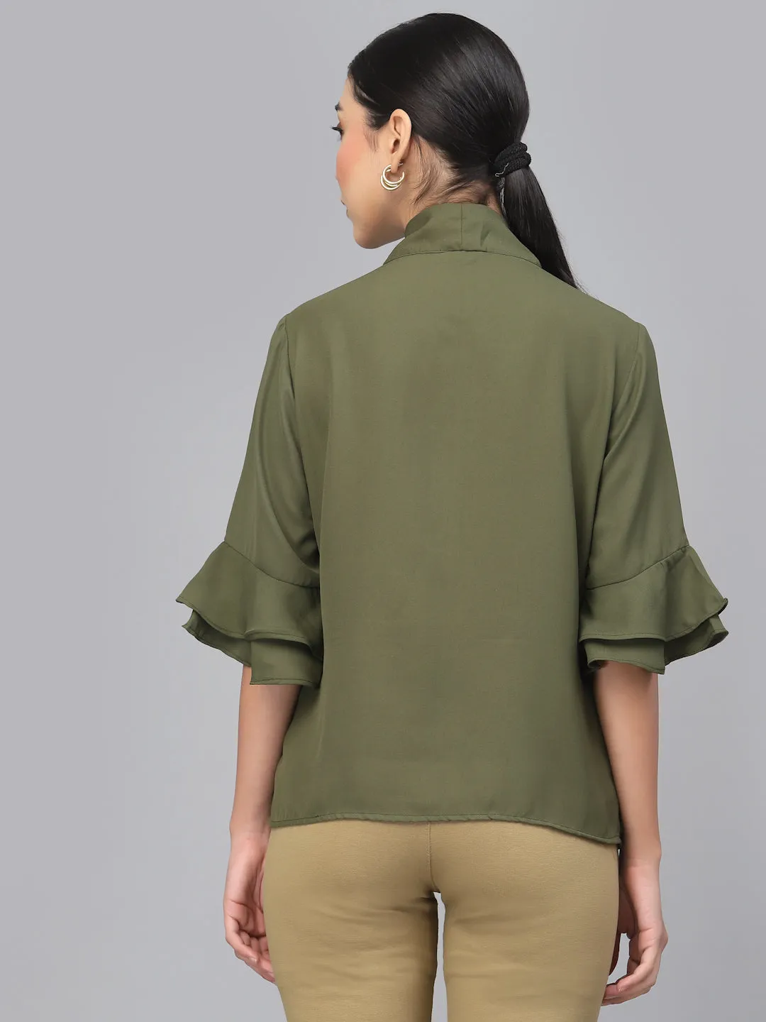 Style Quotient Women Olive Green Tie-Up Neck Top