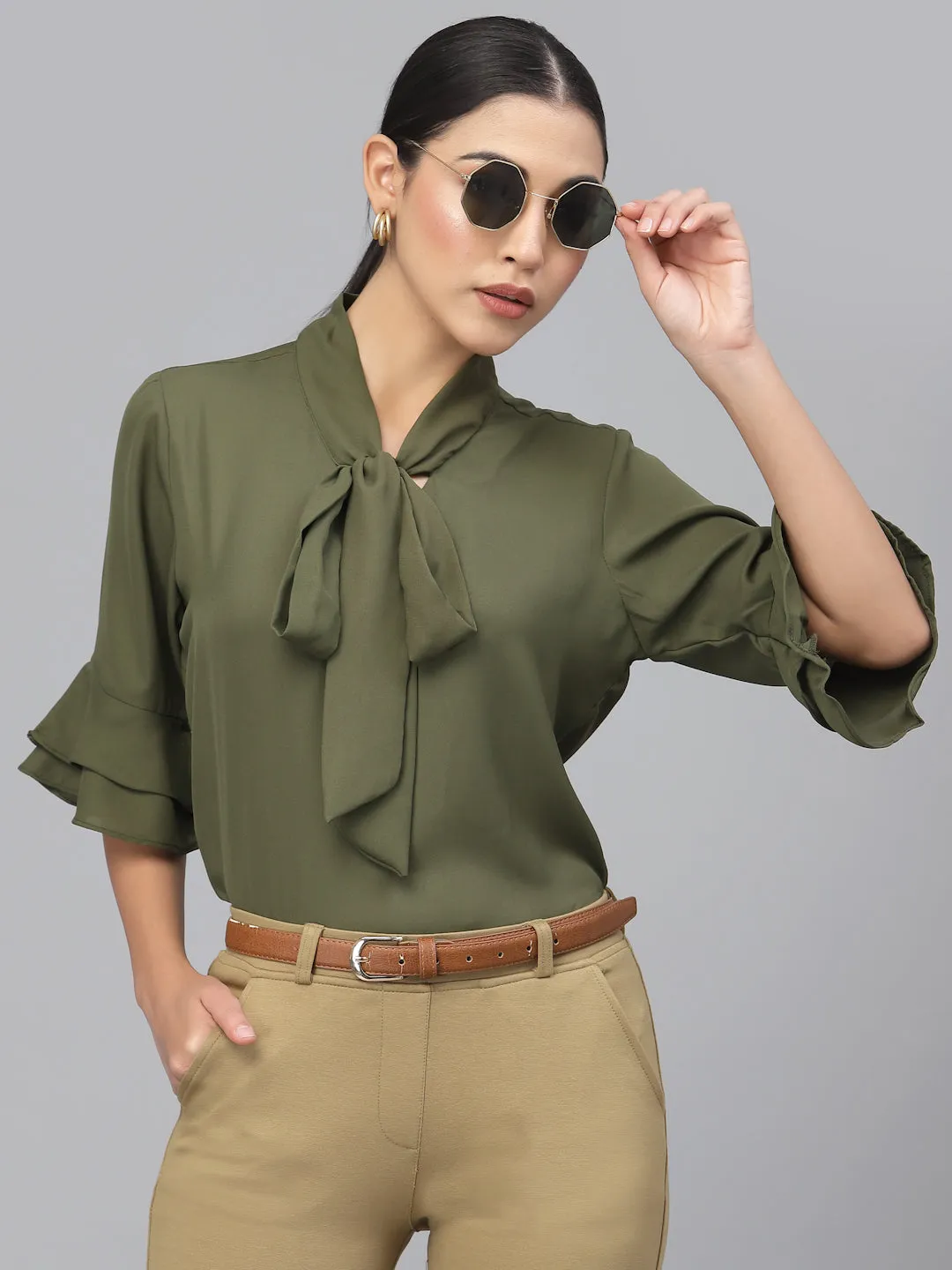 Style Quotient Women Olive Green Tie-Up Neck Top