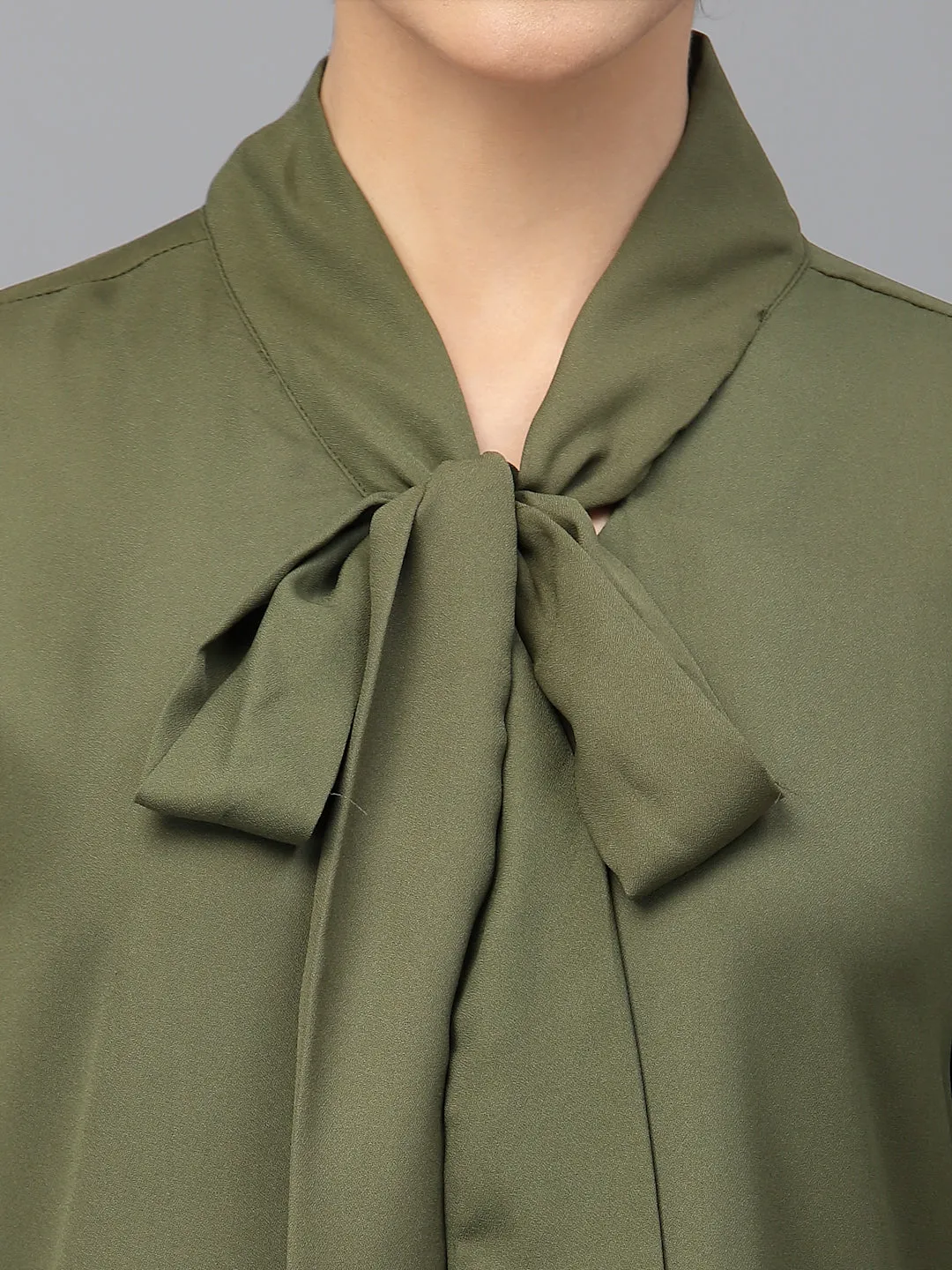 Style Quotient Women Olive Green Tie-Up Neck Top