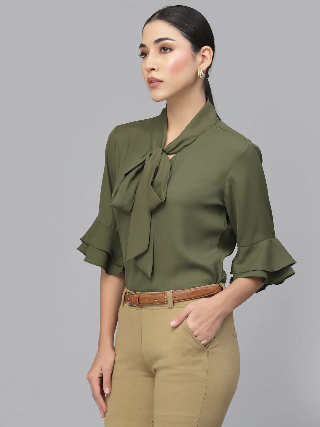 Style Quotient Women Olive Green Tie-Up Neck Top