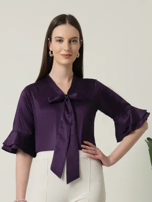 Style Quotient Women Solid Wine Satin Bell Sleeve Regular Top