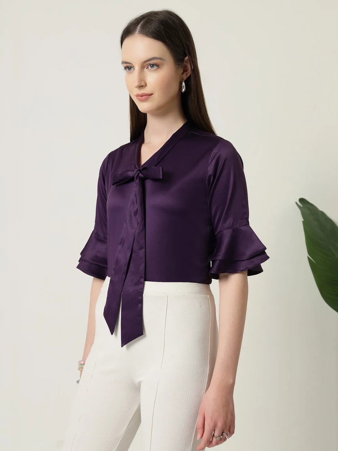 Style Quotient Women Solid Wine Satin Bell Sleeve Regular Top