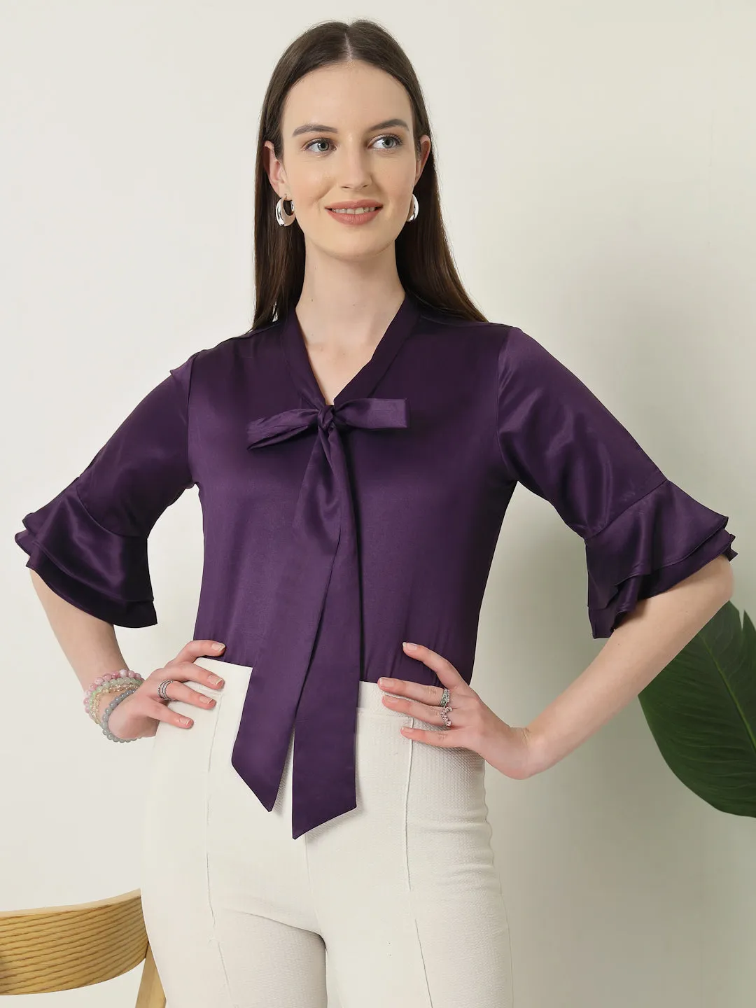 Style Quotient Women Solid Wine Satin Bell Sleeve Regular Top