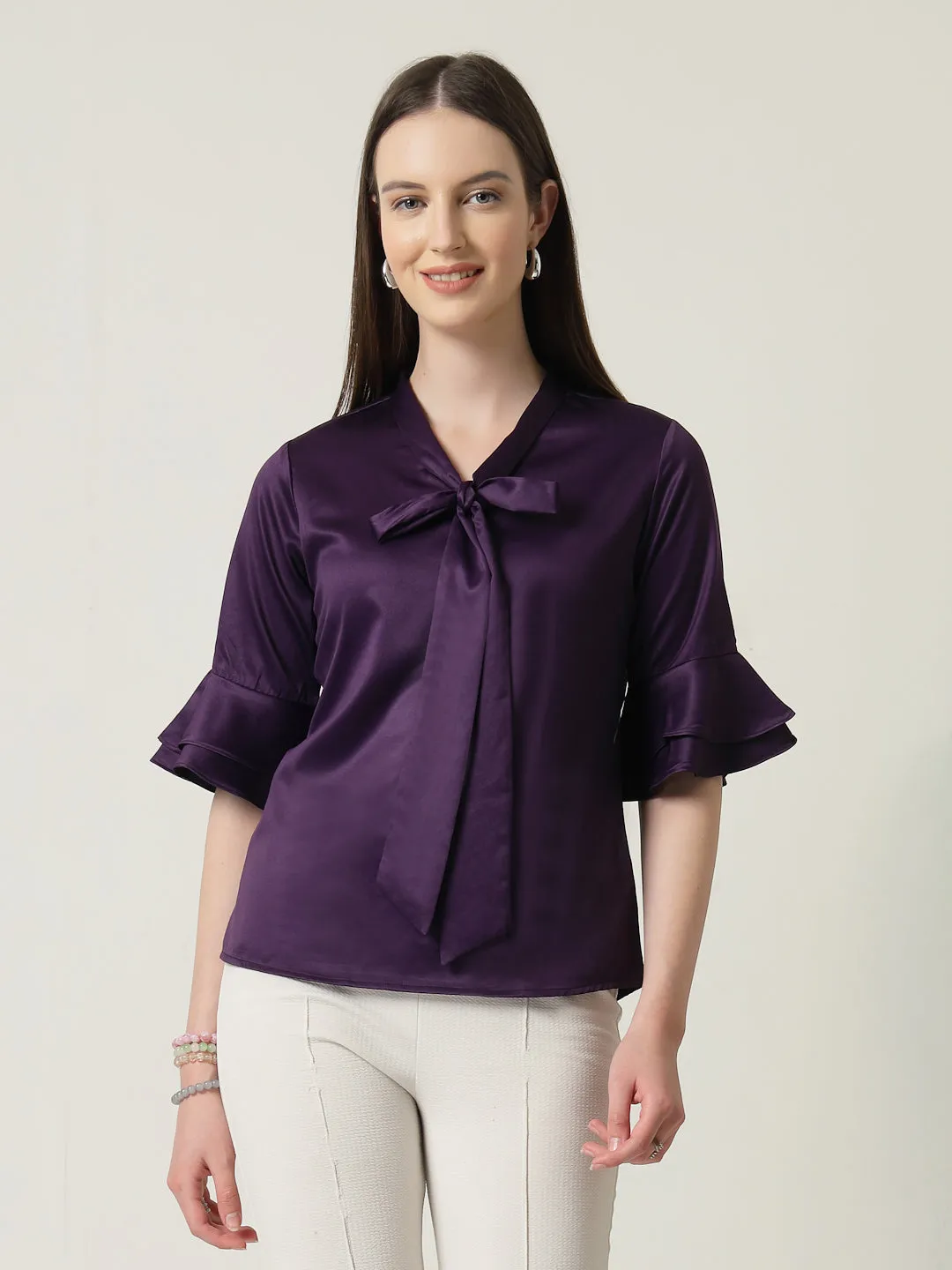 Style Quotient Women Solid Wine Satin Bell Sleeve Regular Top