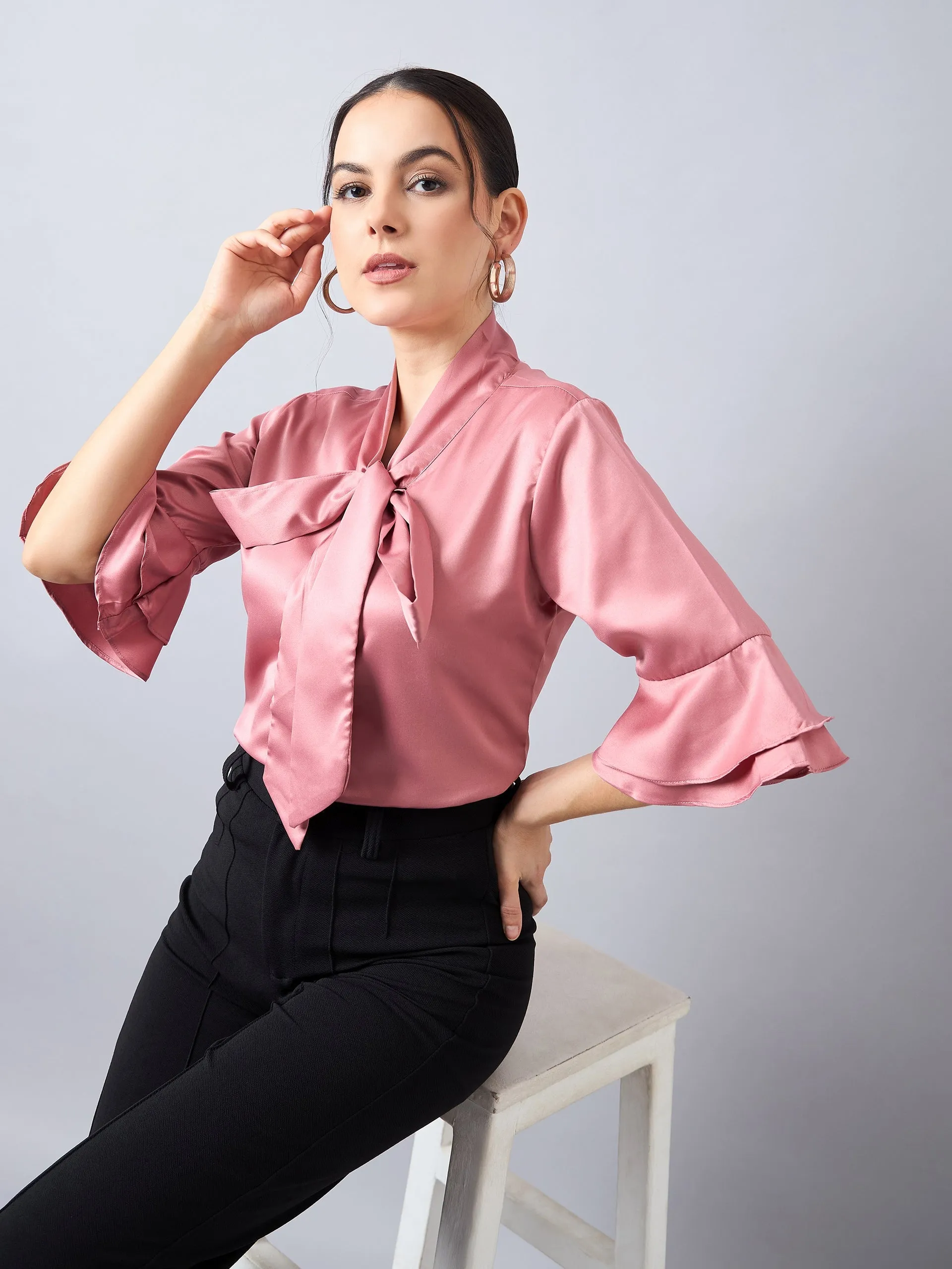 Style Quotient Women Tie-Up with Bell  Sleeves Satin Top