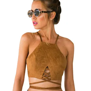 Summer Vintage Brown Faux Leather Suede Cropped Tank Top Sexy Lace Up Camis Women Tops Slim Cami Party Crop Top Fall Vest 70's