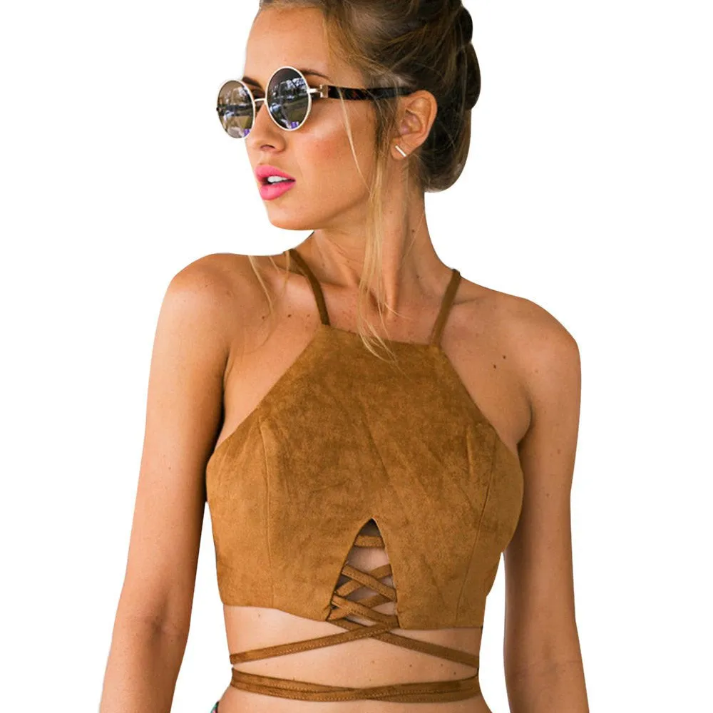 Summer Vintage Brown Faux Leather Suede Cropped Tank Top Sexy Lace Up Camis Women Tops Slim Cami Party Crop Top Fall Vest 70's