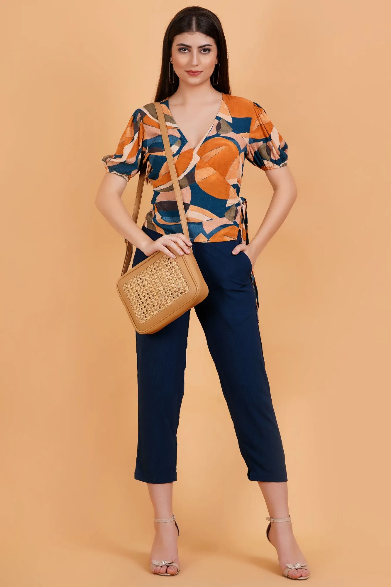 Surreal Citrus Printed Short Sleeve Wrap Top