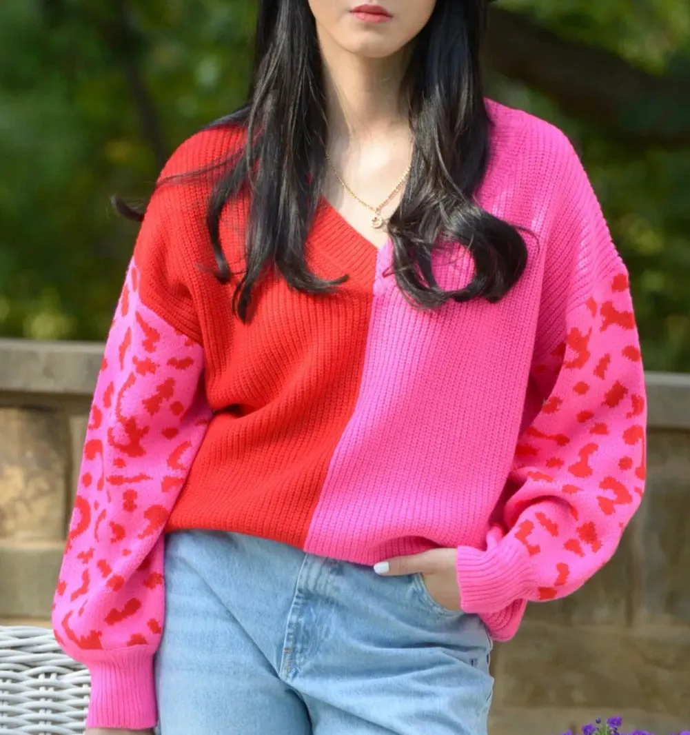 Sweet leopard sleeve sweater