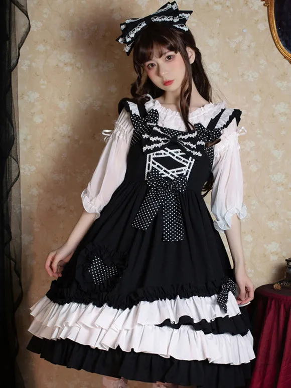 Sweet Lolita JSK Dress Polyester Sleeveless Bow Lace Polka Dot Black Lolita Jumper Skirt