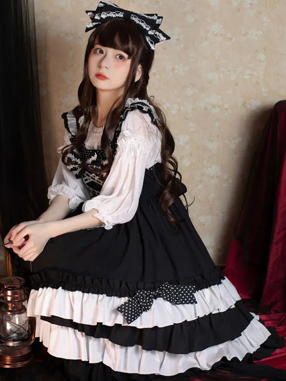 Sweet Lolita JSK Dress Polyester Sleeveless Bow Lace Polka Dot Black Lolita Jumper Skirt