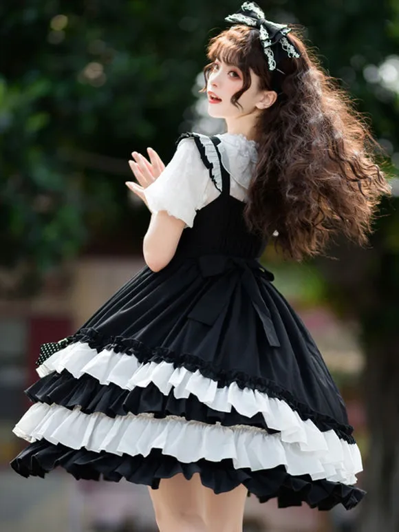 Sweet Lolita JSK Dress Polyester Sleeveless Bow Lace Polka Dot Black Lolita Jumper Skirt