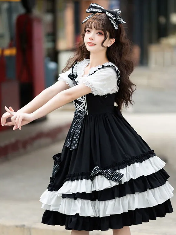 Sweet Lolita JSK Dress Polyester Sleeveless Bow Lace Polka Dot Black Lolita Jumper Skirt