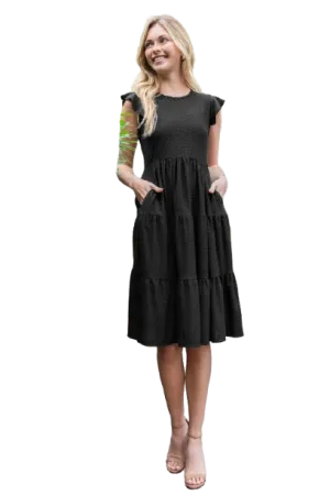 Swiss Dot Ruffle Cap Sleeve Tiered Dress Black - Pack of 6