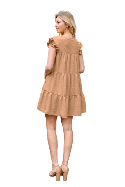 Swiss Dot Ruffle Sleeve Tiered Dress Camel - Pack of 6