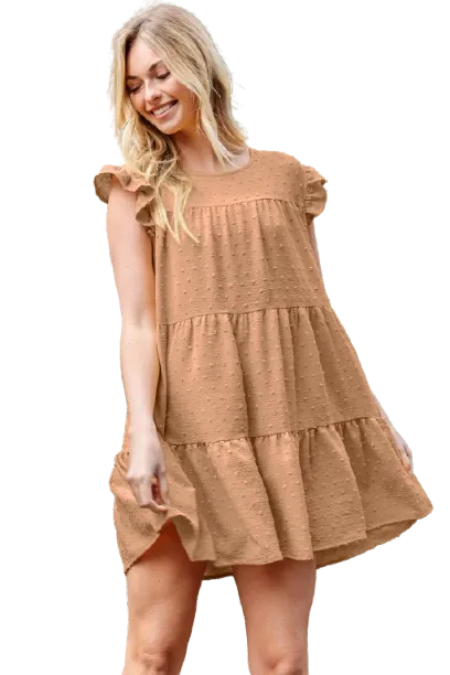 Swiss Dot Ruffle Sleeve Tiered Dress Camel - Pack of 6