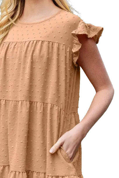 Swiss Dot Ruffle Sleeve Tiered Dress Camel - Pack of 6