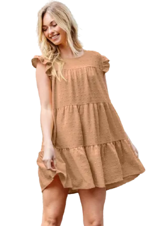 Swiss Dot Ruffle Sleeve Tiered Dress Camel - Pack of 6