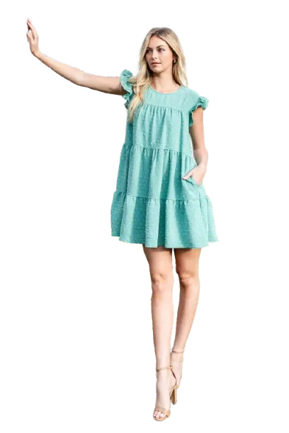 Swiss Dot Ruffle Sleeve Tiered Dress Sage Dusty - Pack of 6