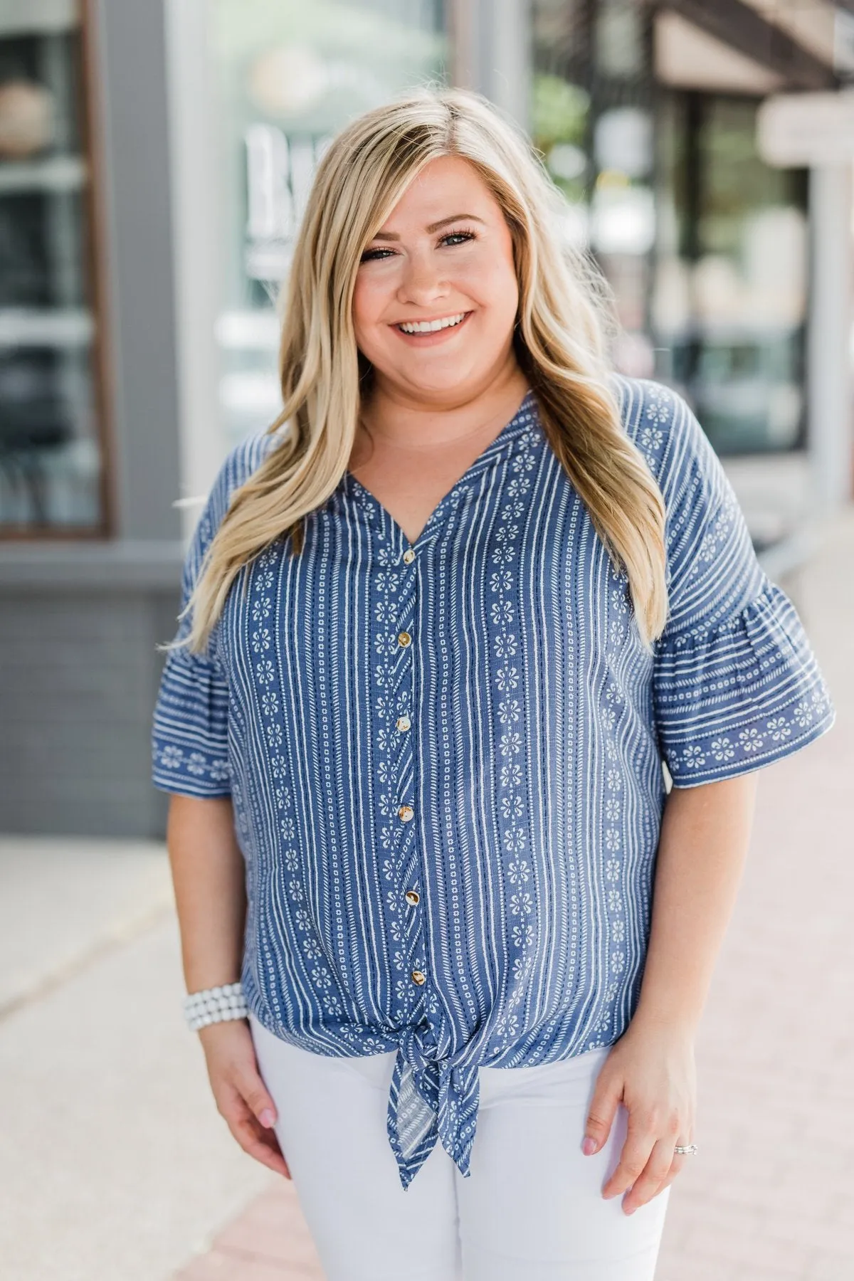 Take Me To The Tropics Front Tie Top- Blue