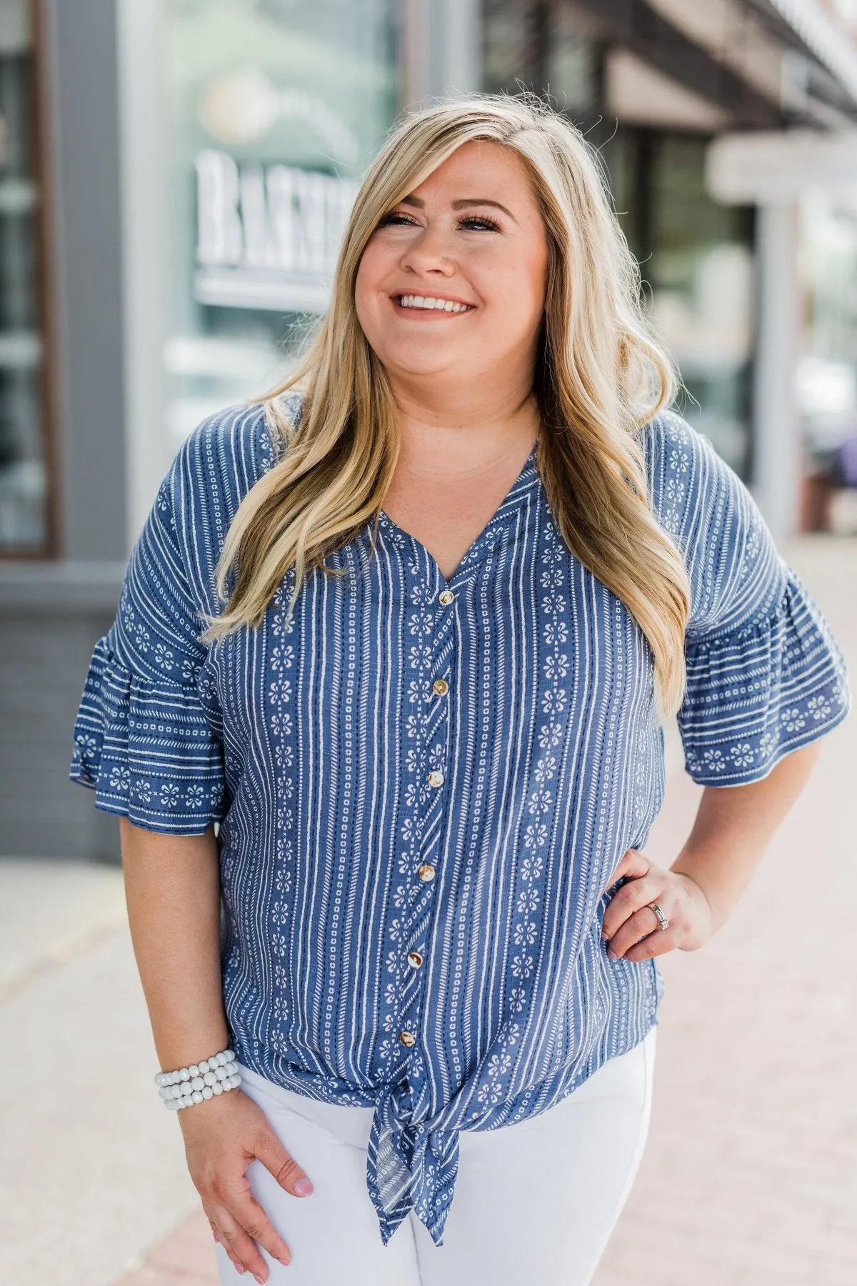 Take Me To The Tropics Front Tie Top- Blue