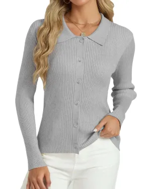 Tanou Womens 2024 Cardigan Sweaters Button Up Long Sleeve Knit Ribbed Collar Neck Cardigans Grey