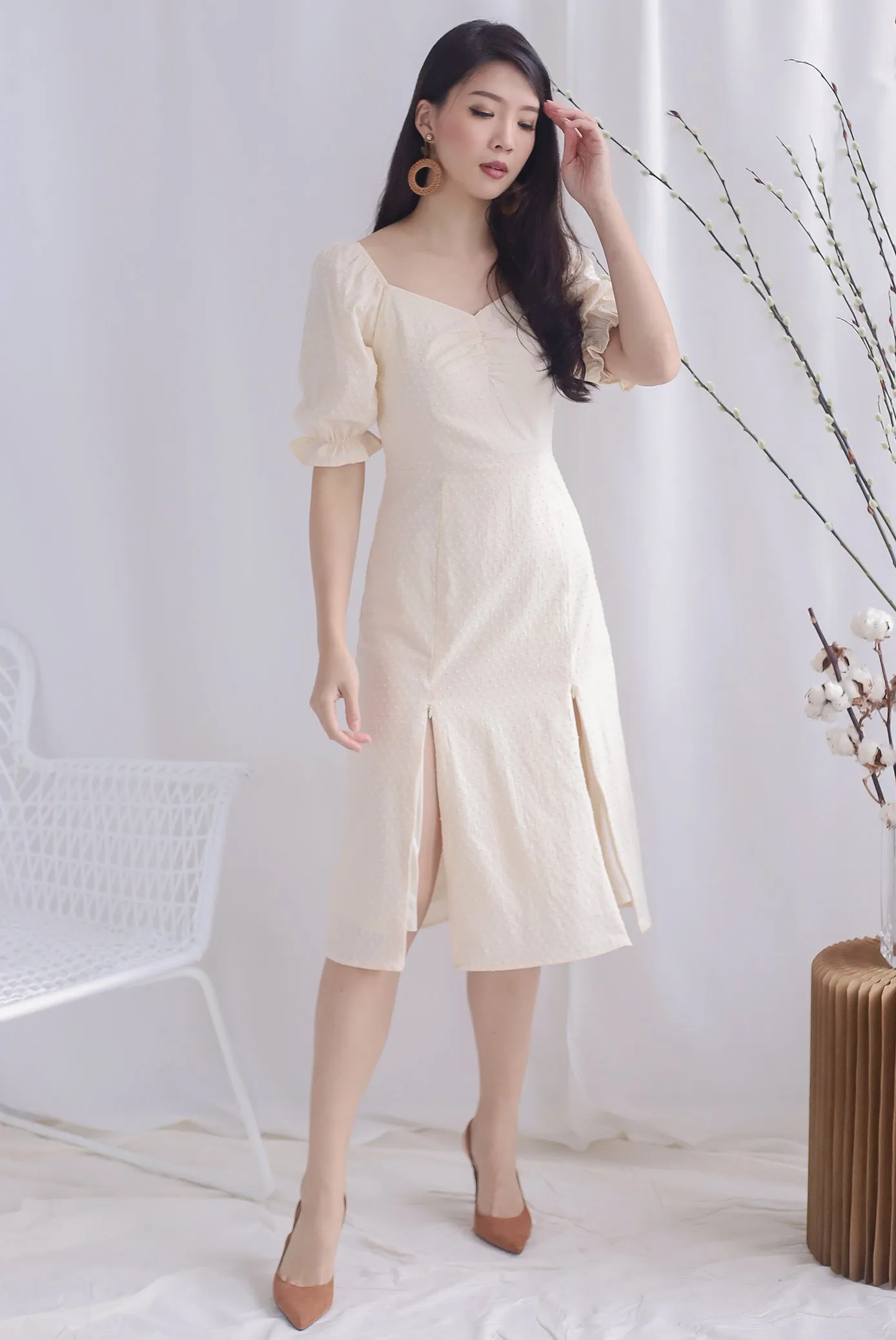 TDC Noelle Zip Slit Midi Dress In Cream Swiss