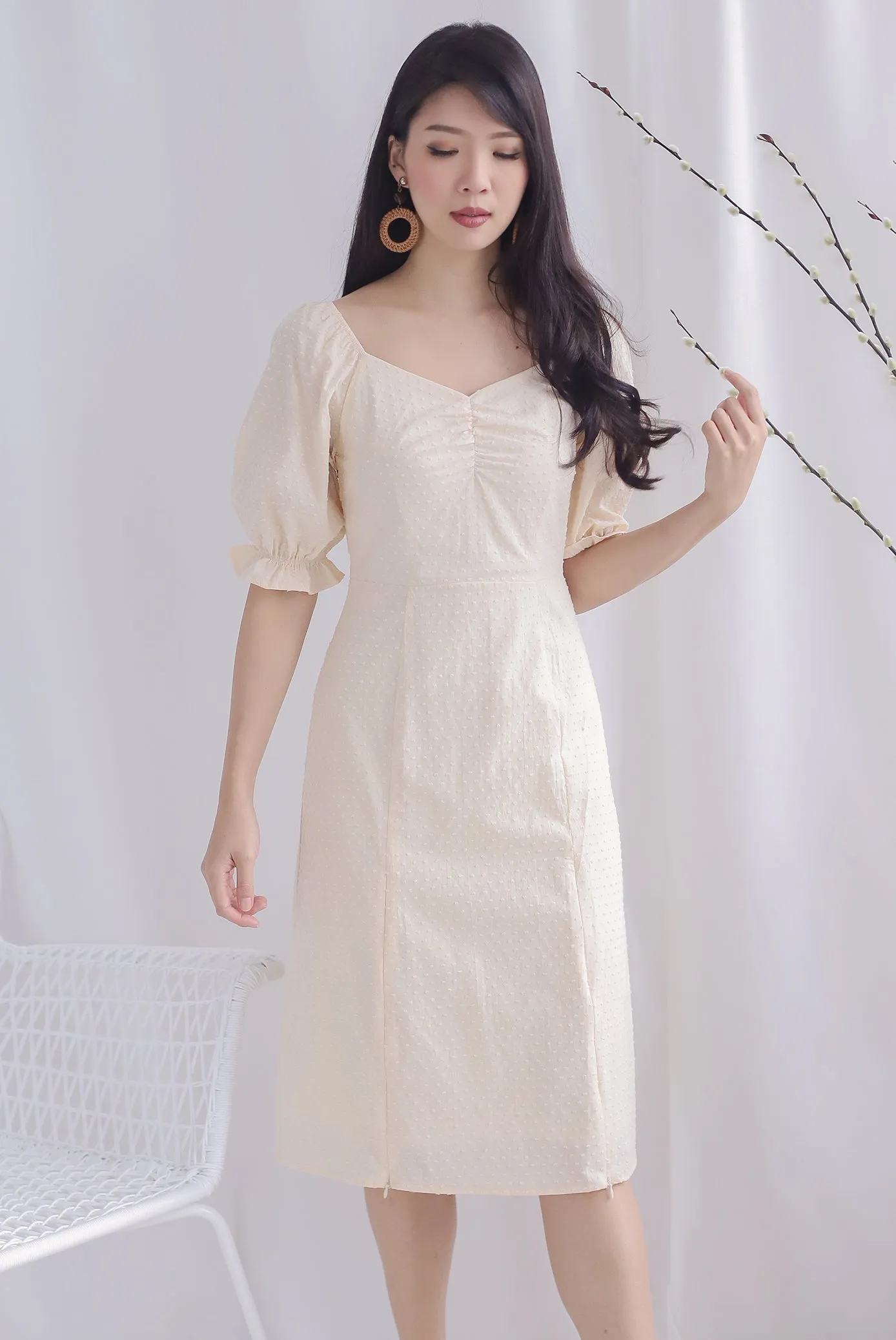 TDC Noelle Zip Slit Midi Dress In Cream Swiss
