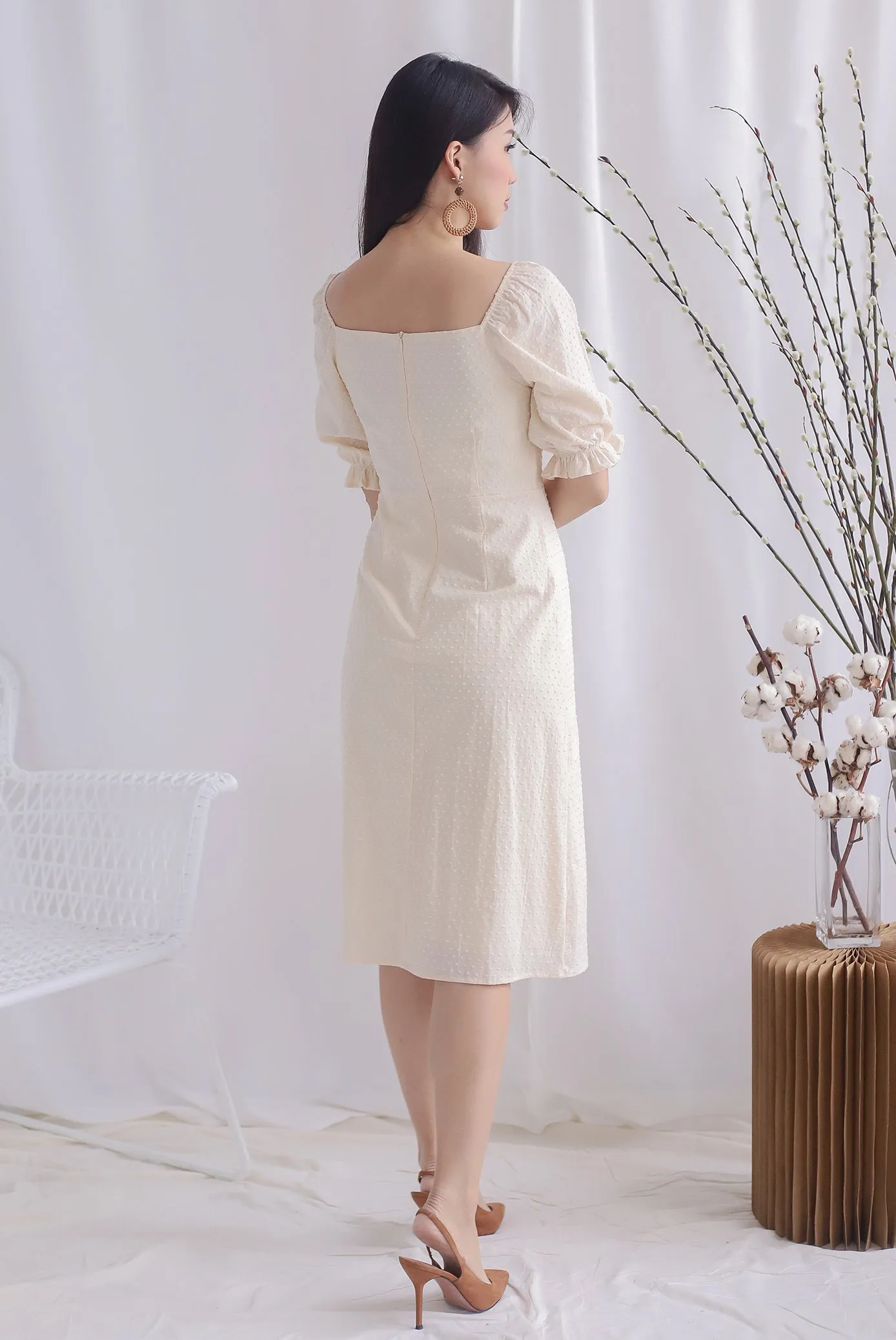 TDC Noelle Zip Slit Midi Dress In Cream Swiss