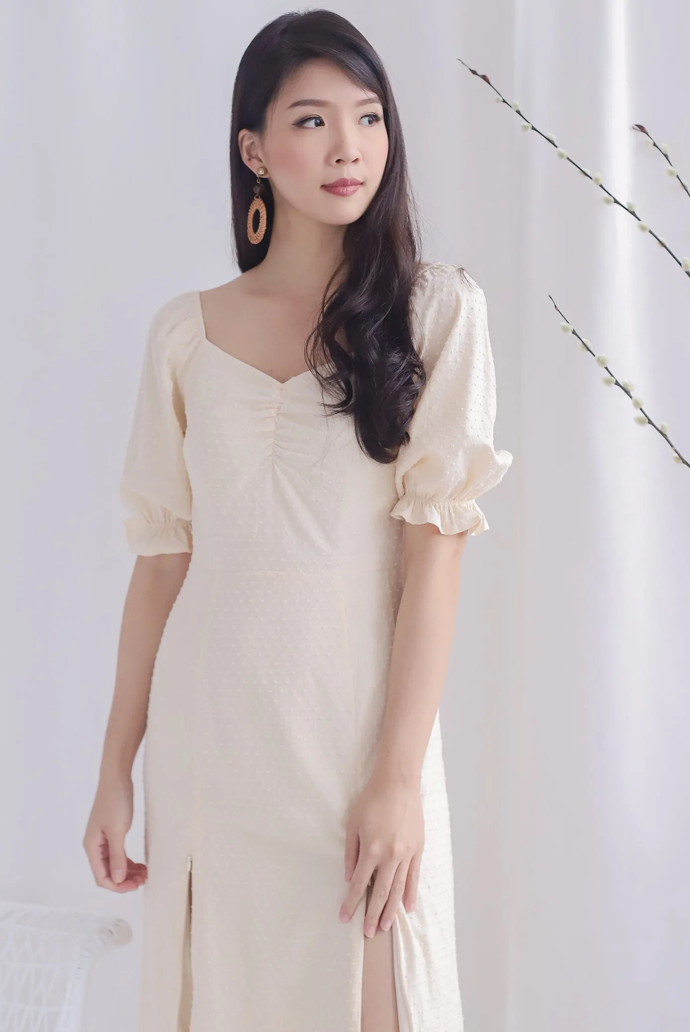 TDC Noelle Zip Slit Midi Dress In Cream Swiss