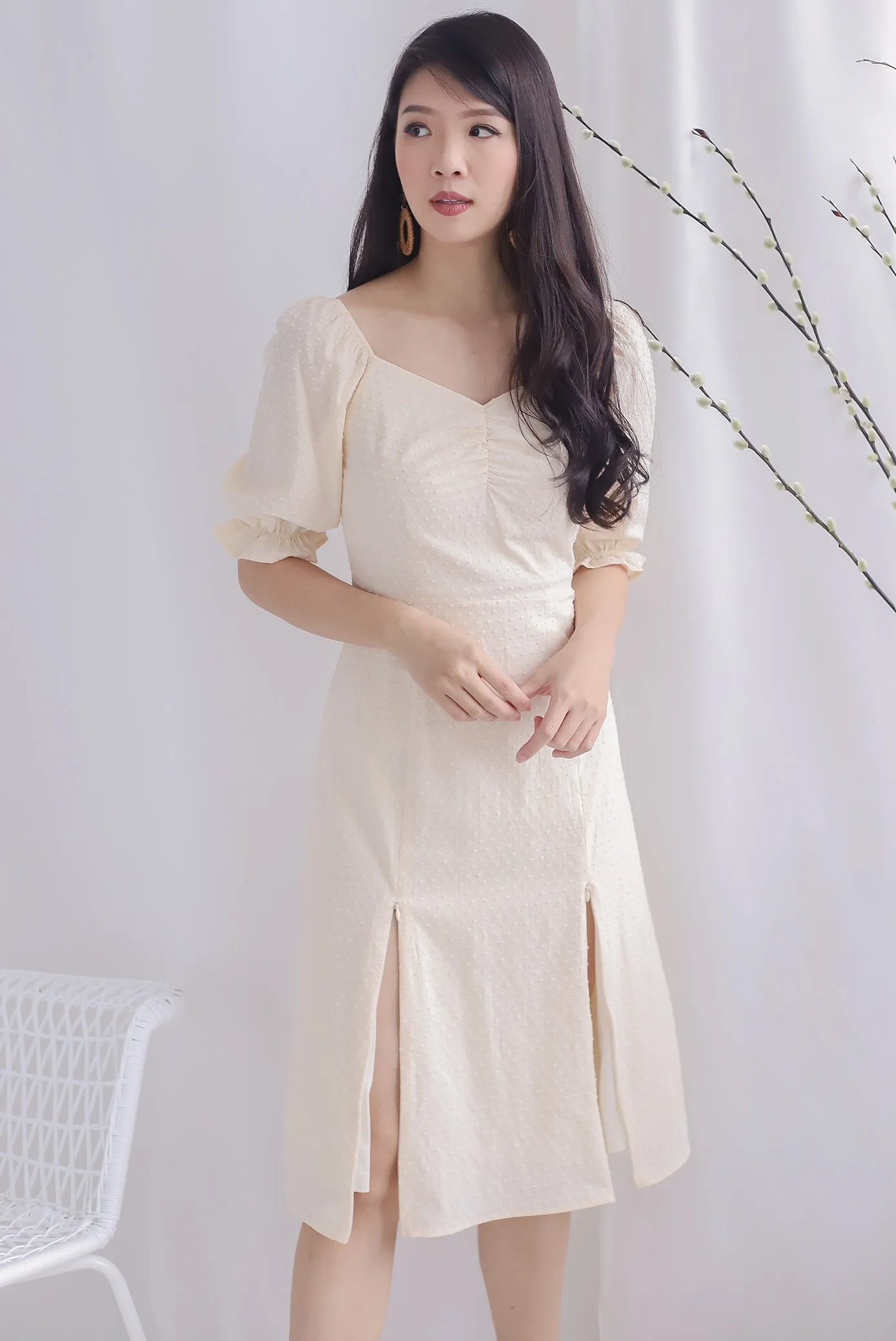 TDC Noelle Zip Slit Midi Dress In Cream Swiss