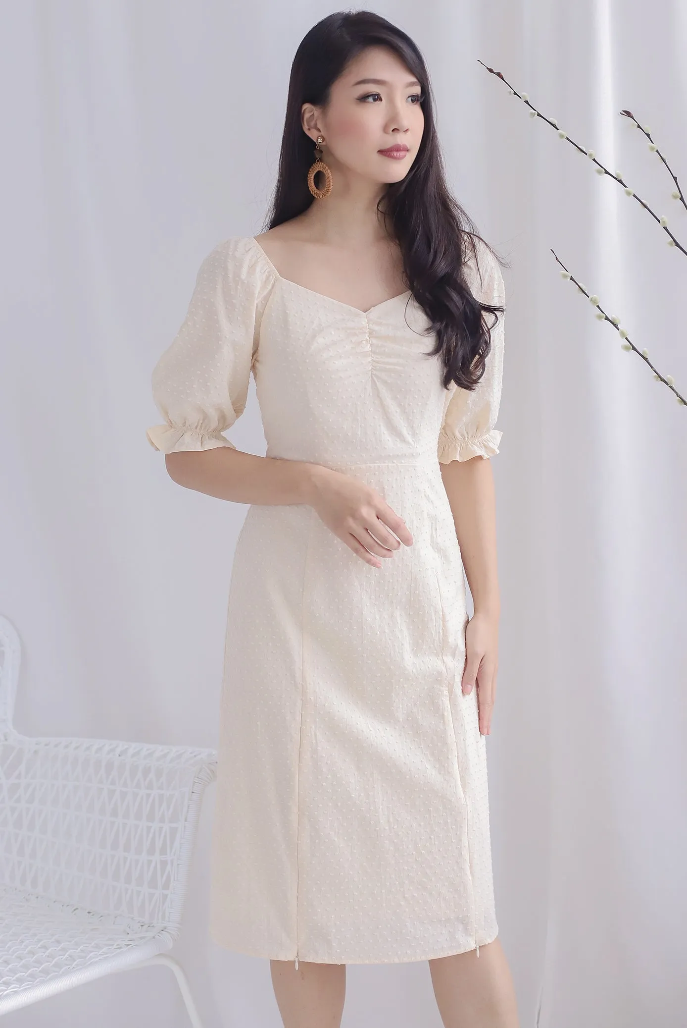 TDC Noelle Zip Slit Midi Dress In Cream Swiss