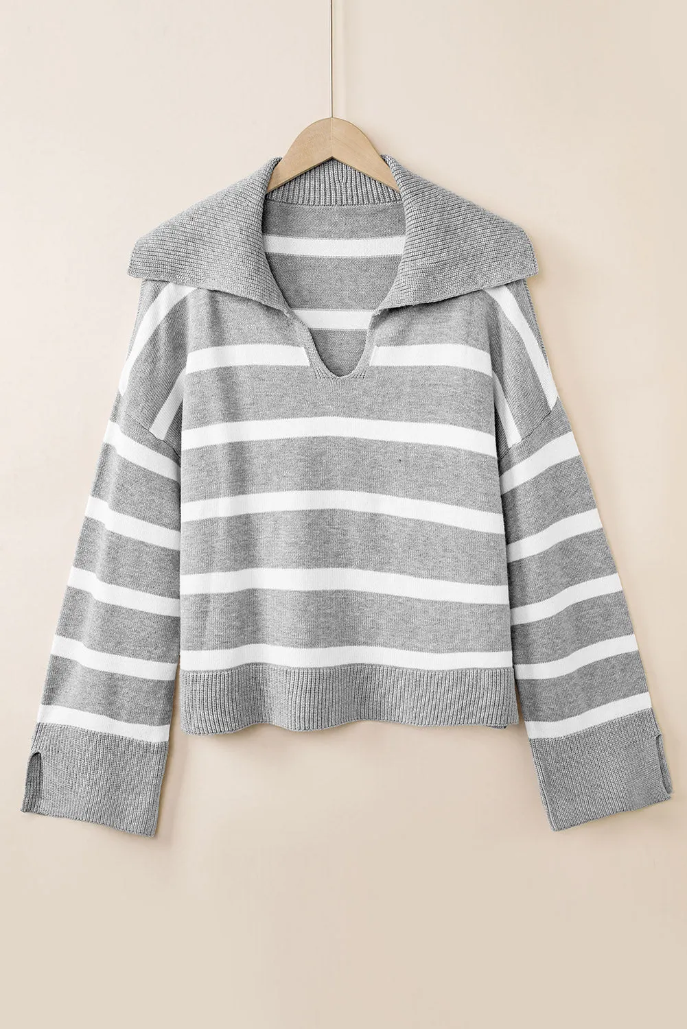 Thea Striped Collared Neck Slit Sweater
