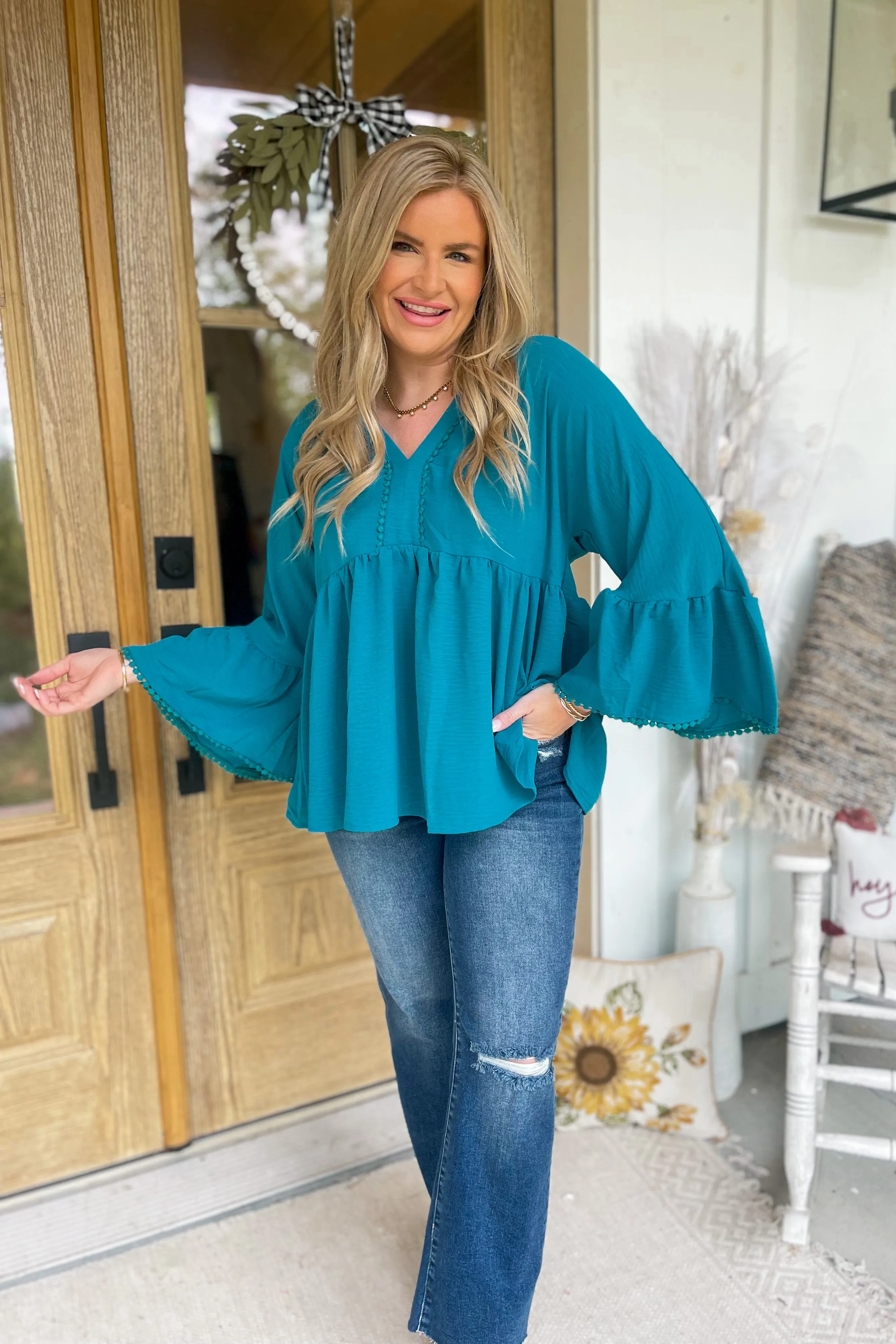 Tiana V Neckl Long Bell Sleeve Blouse Top *FINAL SALE*
