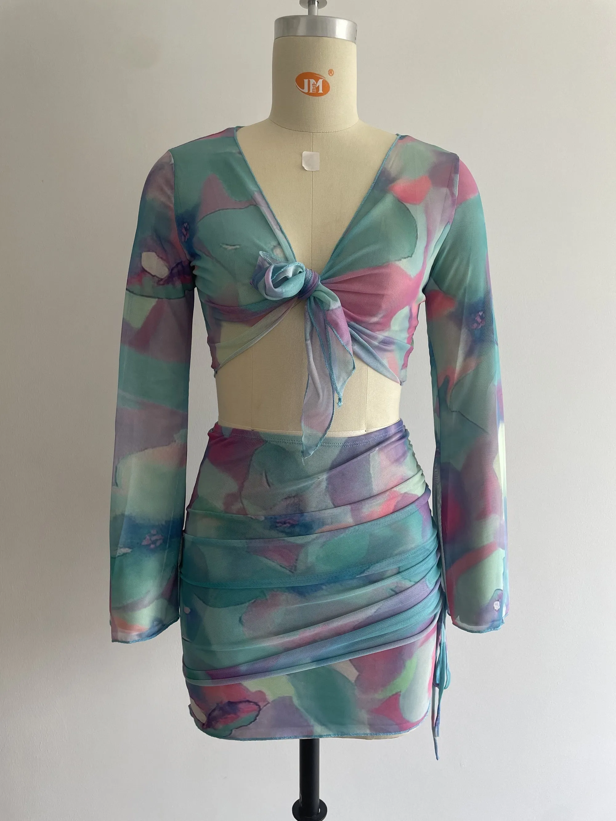 Tie Dye Ruched Two-piece Set, Knotted Flared Sleeve Tops & Bag Hip Drawstring Skirts Outfits, Women's Clothing