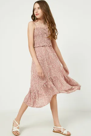 Tie Shoulder Smocked Ruffle Detail Midi Dress